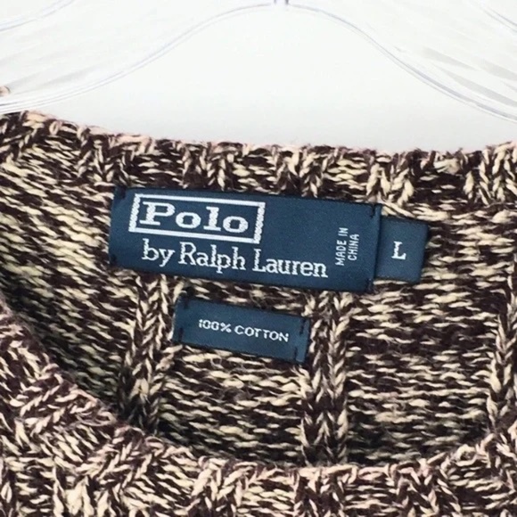 Polo Ralph Lauren Mens Rib Knit Sweater Brown Heather Crewneck Fisherman Sz L - Picture 2 of 10